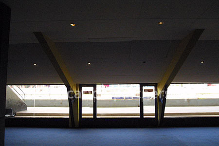 Large blue and yellow canteen, restaurant area at event venue
