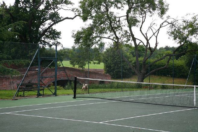 Characterful exterior and gardens of beautiful country house with treehouse, outbuildings, barns, swimming pool and tennis court.