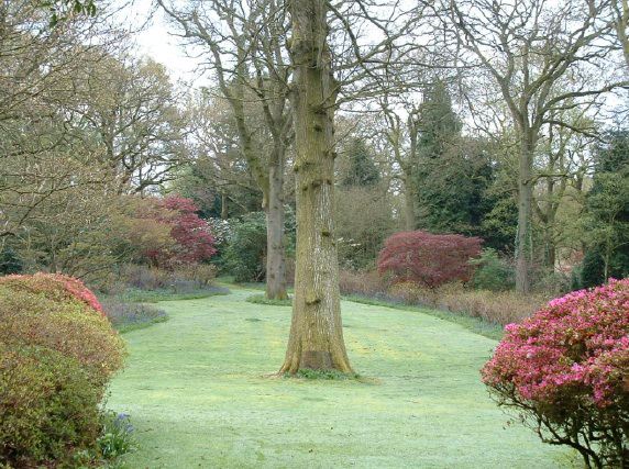 Twenty six acres of woodland garden with greenhouses, thatched folly, 2 ponds, sweeping lawns, large disused flint pit and many colourful plants.