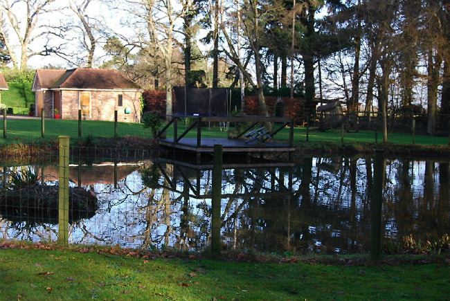 Country garden in woodland setting with a pond and children's play area.