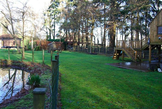 Country garden in woodland setting with a pond and children's play area.