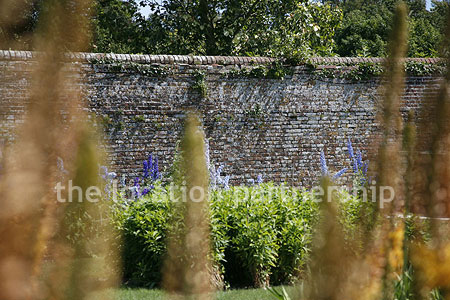 Walled flower and vegetable garden with variety of greenhouses