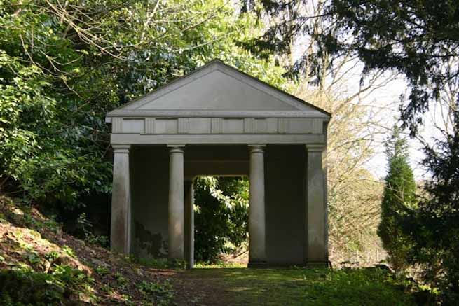 Heritage garden in large country estate featuring a Doric temple, Gothic boathouse, lakes and caves.