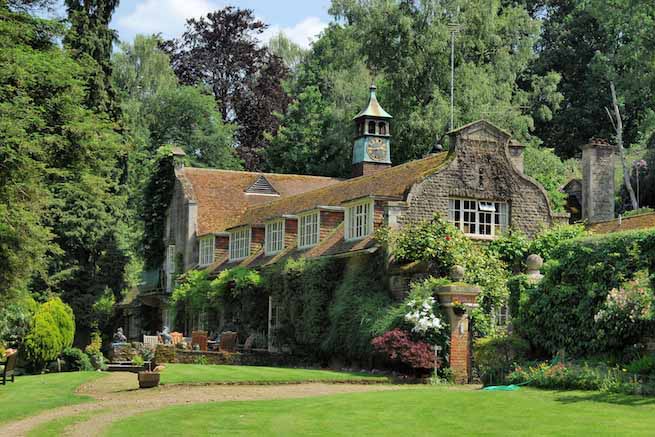 Heritage garden in large country estate featuring a Doric temple, Gothic boathouse, lakes and caves.