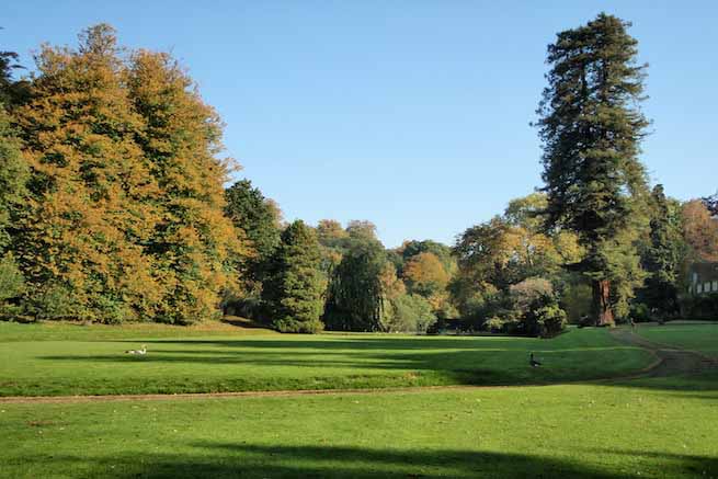 Heritage garden in large country estate featuring a Doric temple, Gothic boathouse, lakes and caves.