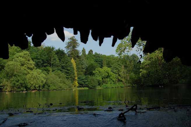 Heritage garden in large country estate featuring a Doric temple, Gothic boathouse, lakes and caves.