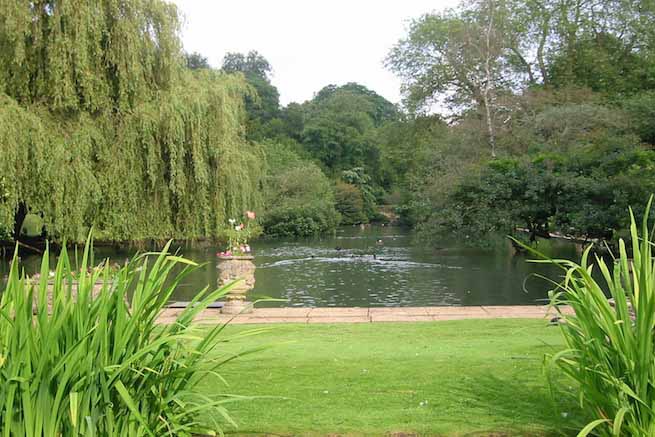 Heritage garden in large country estate featuring a Doric temple, Gothic boathouse, lakes and caves.