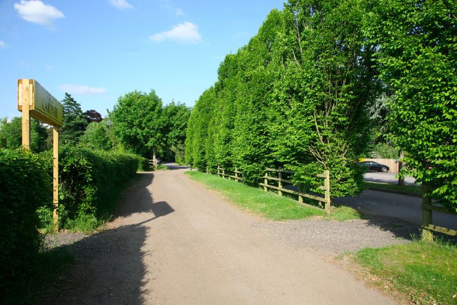 Gravel tracks lined with trees and hedges