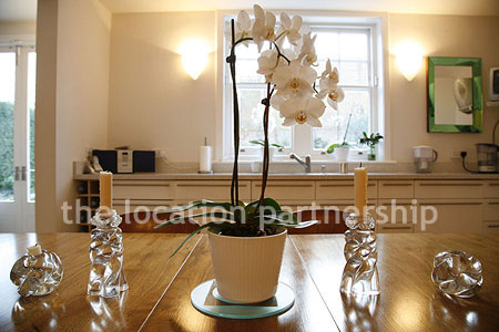 Spacious modern kitchen with island in large ground floor flat.