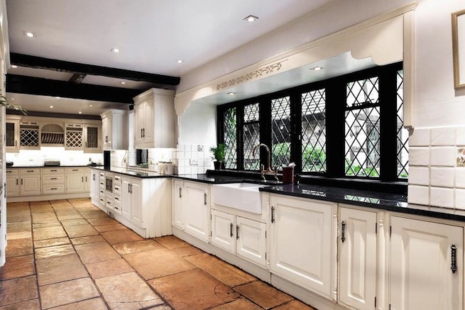 Open plan kitchen and dining area in architecturally designed house.