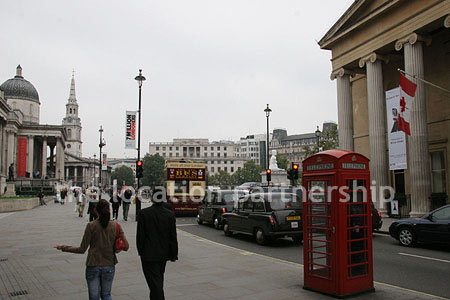 Tradaitional British Phone Box with views of The National Gallery