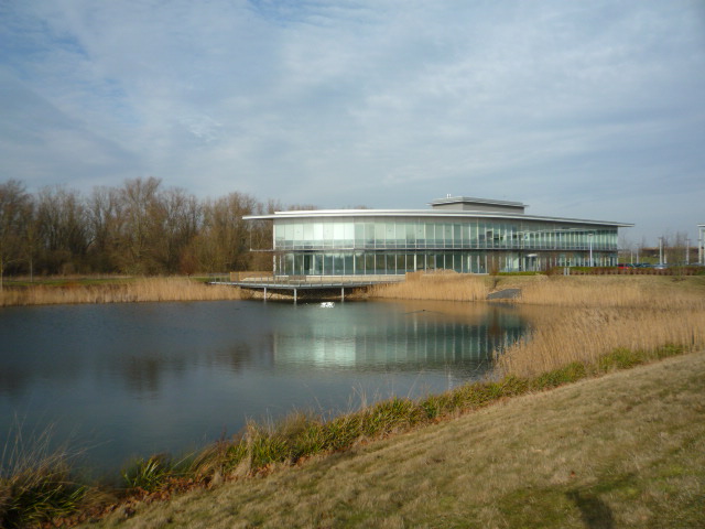 Contemporary, well situated office building overlooking a boardwalk and lake.