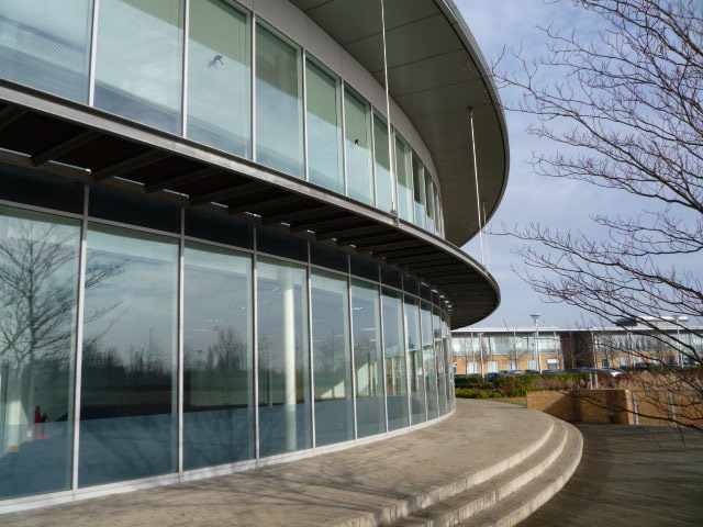 Contemporary, well situated office building overlooking a boardwalk and lake.