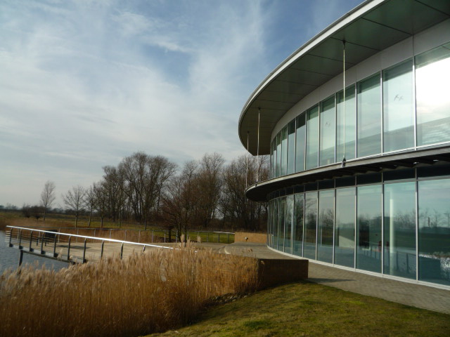 Contemporary, well situated office building overlooking a boardwalk and lake.