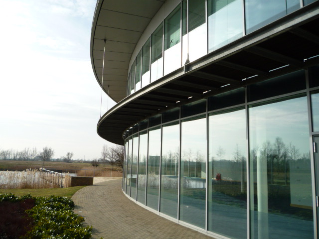 Contemporary, well situated office building overlooking a boardwalk and lake.