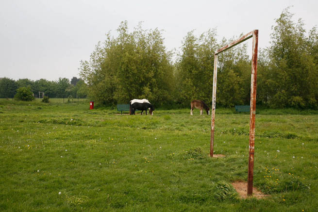 Football pitch on large recreation ground with great urban backdrop.