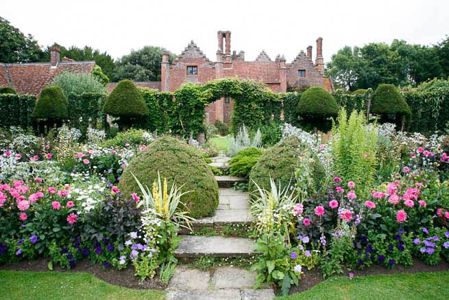 Gardens of a Tudor Manor house divided into compartments with different colour themes and structural forms.