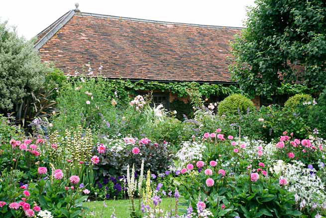 Gardens of a Tudor Manor house divided into compartments with different colour themes and structural forms.
