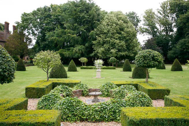 Gardens of a Tudor Manor house divided into compartments with different colour themes and structural forms.