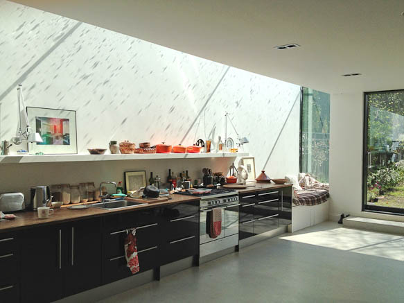 Large, modern kitchen in semi detached house.