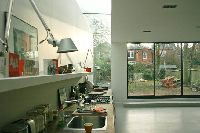 Large, modern kitchen in semi detached house.
